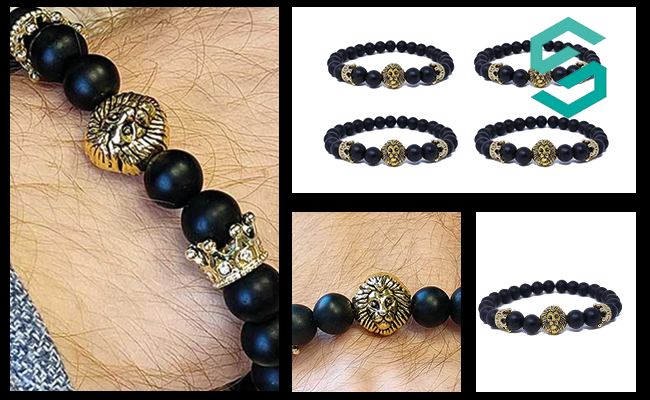 Bracelet Homme Perles d'Onyx et Tête de Lion